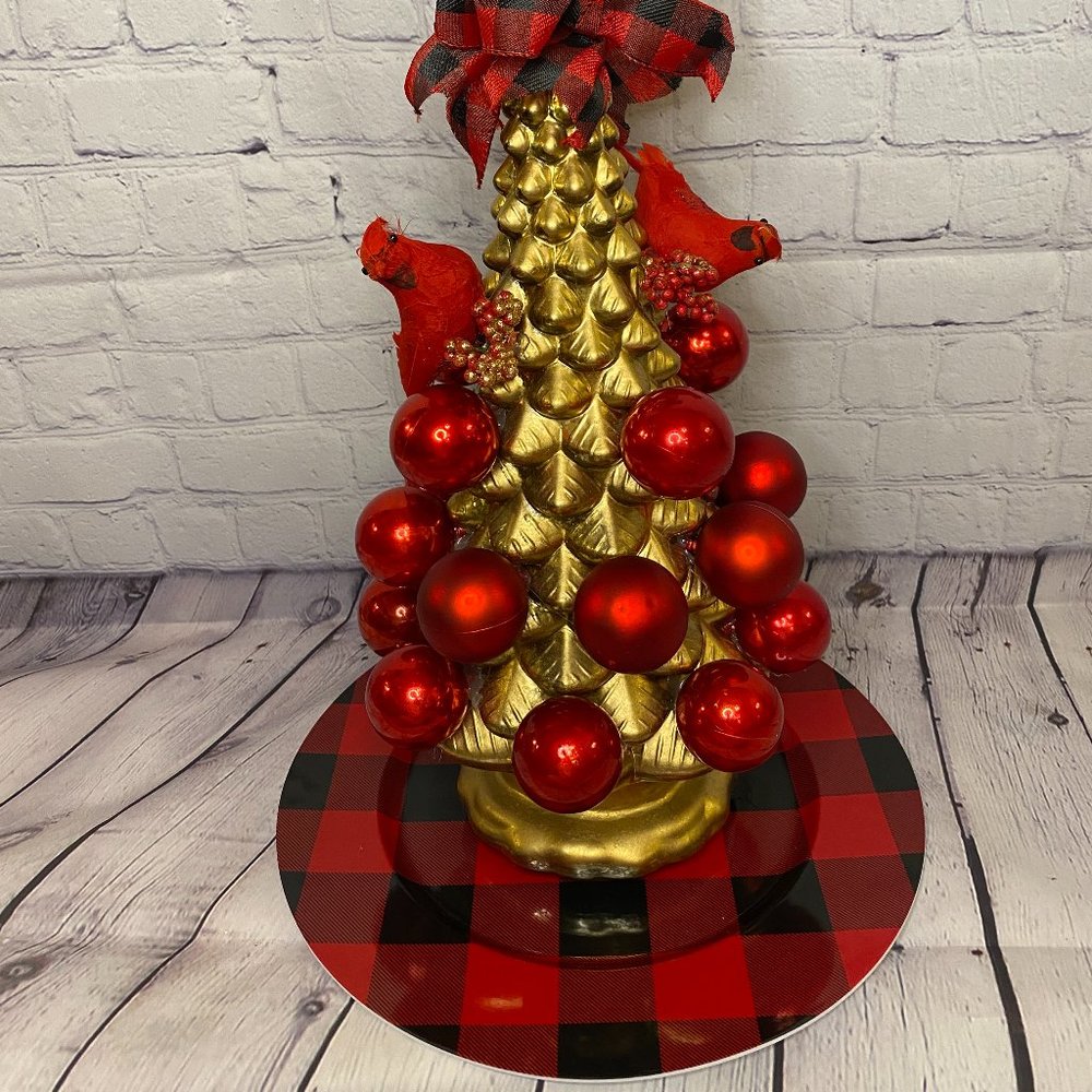 Christmas Gold Cardinal Bird Tree Center Piece Decor RED BUFFALO PLAID